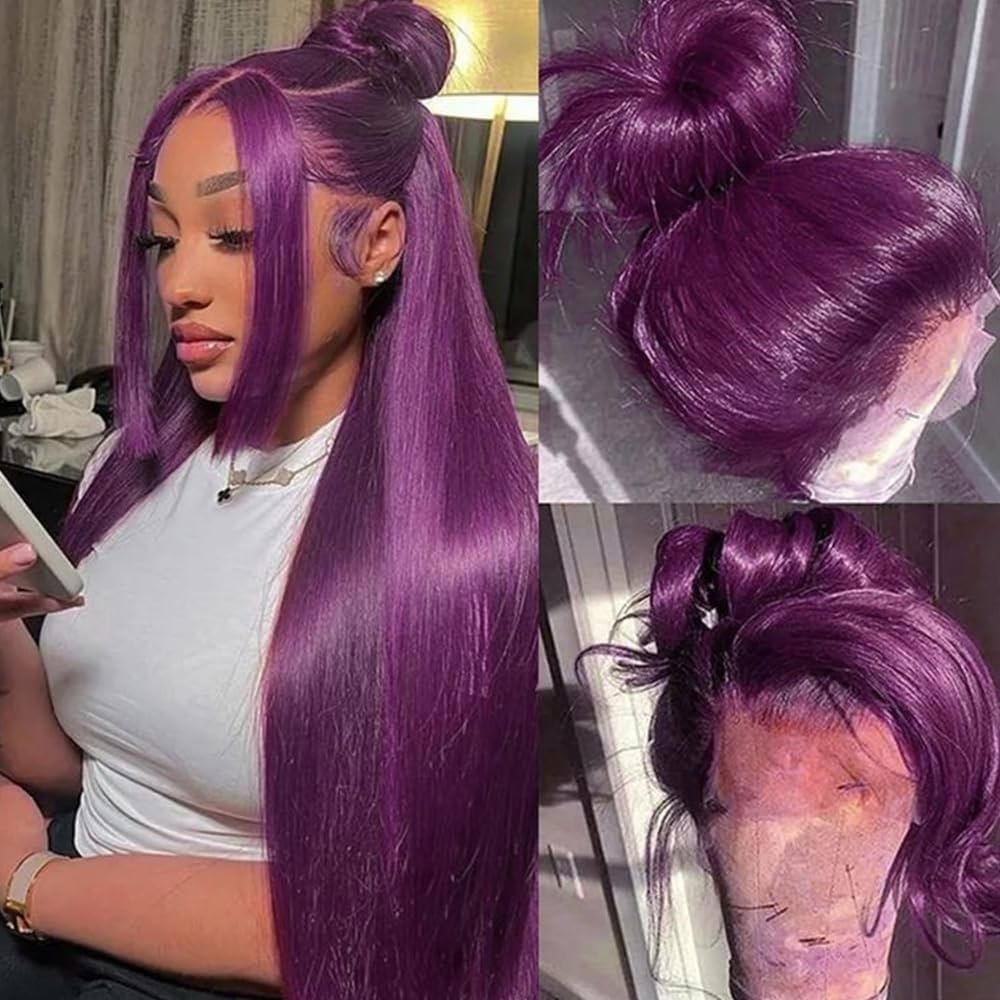 💜 Purple Straight Wig with Half-Up Bun Style
